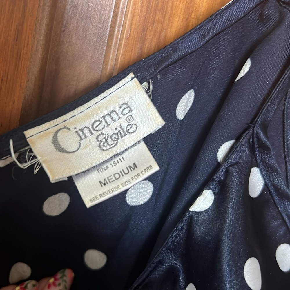 Vintage 90s SATIN Polka Dot Ruffle Low V Back Slip Dress in Navy White | M - Picture 6 of 10